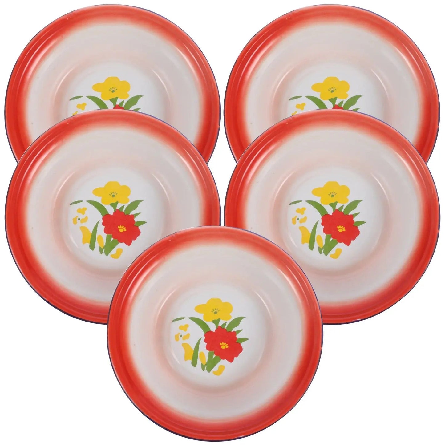 5 Pcs Red Floral Retro Enamel Disc Vintage Dinnerware Sets Enamelware Bowls Metal Plates Kitchen Storage Serving Tableware Good Vibrations