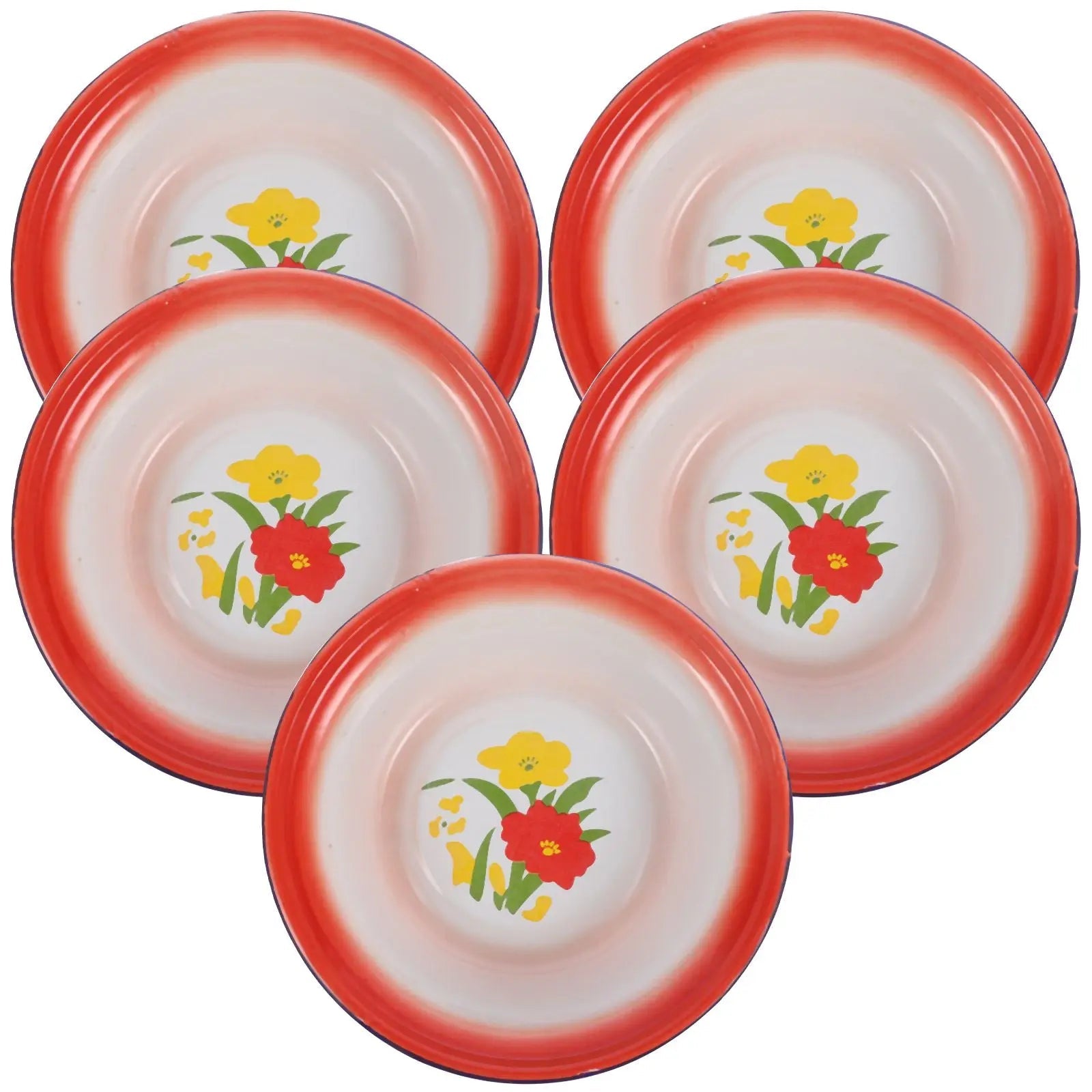 5 Pcs Red Floral Retro Enamel Disc Vintage Dinnerware Sets Enamelware Bowls Metal Plates Kitchen Storage Serving Tableware Good Vibrations