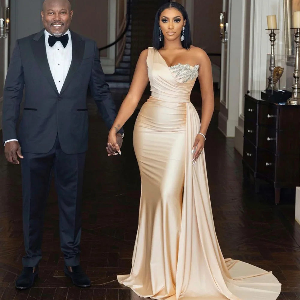 Bridesmaid Dress Champagne One Shoulder Mermaid Bridesmaid Gown for Wedding Draped Beading Women's Formal Evening Dresses Long Good Vibrations