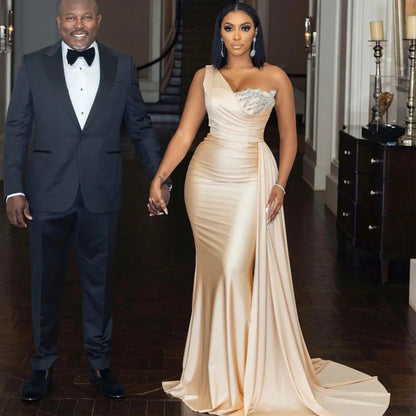 Bridesmaid Dress Champagne One Shoulder Mermaid Bridesmaid Gown for Wedding Draped Beading Women's Formal Evening Dresses Long Good Vibrations