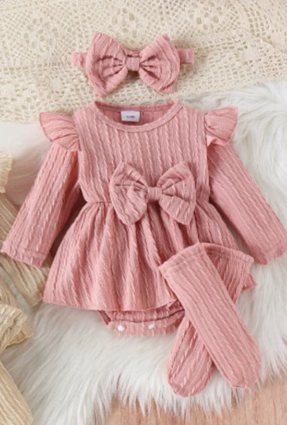 Autumn Winter Baby Girl Sets Purple Green Pink Red Ruffle Long Sleeve Bodysuit+Socks+Headwear Infant Birthday Party Wear D0141 Good Vibrations
