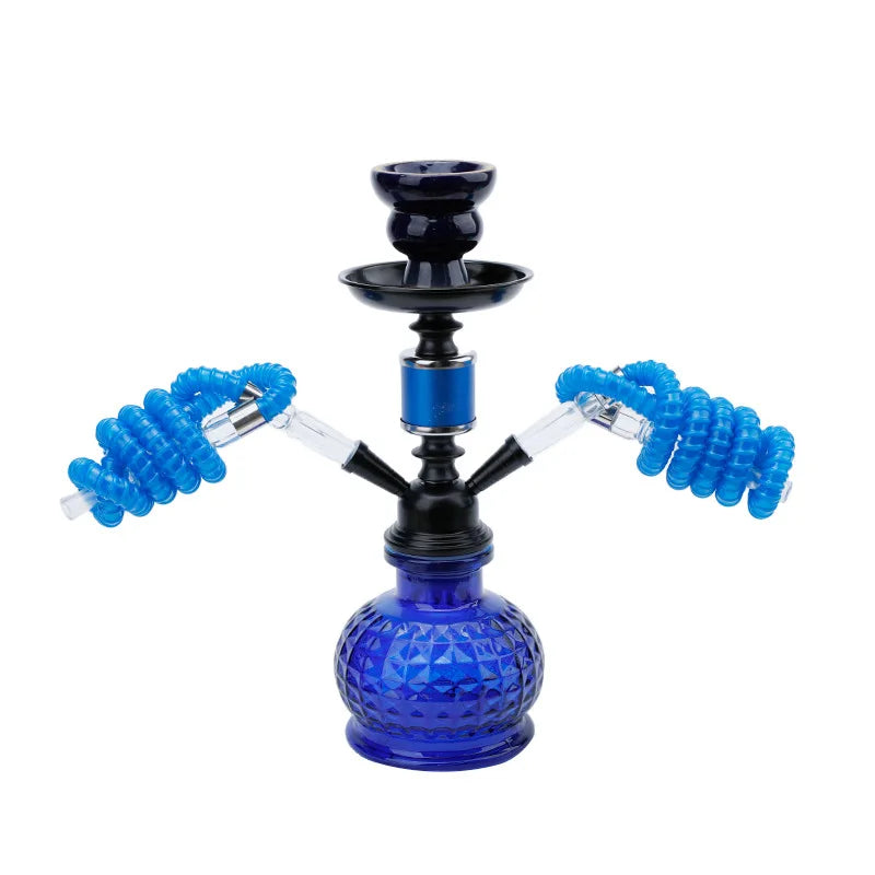 Travel Arabian Hookah Set, double hose, glass and metal, blue color, Bohemian style.