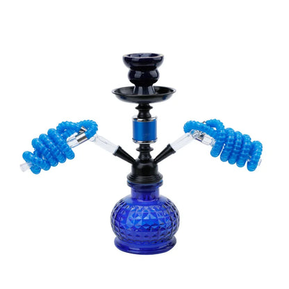 Travel Arabian Hookah Set, double hose, glass and metal, blue color, Bohemian style.