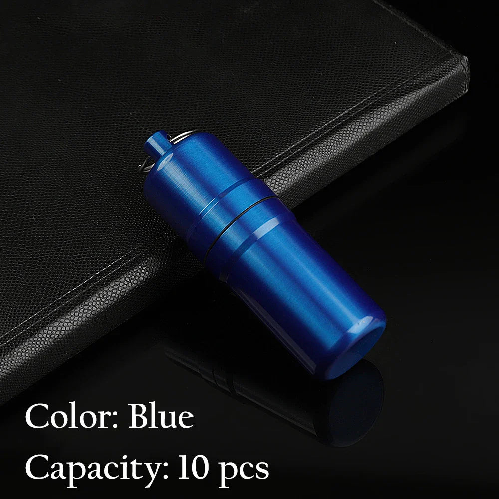Blue metal cigarette case with keychain, waterproof, holds 10 cigarettes, portable for travel.