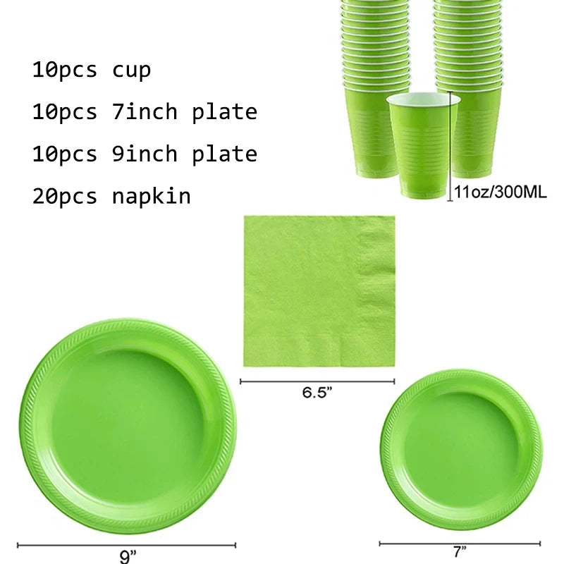 Green Solid Color Party Set Plastic Plate Cup Tablecloth Birthday Party Easter Day Baby Decoration Dinniware Party Supplies Good Vibrations