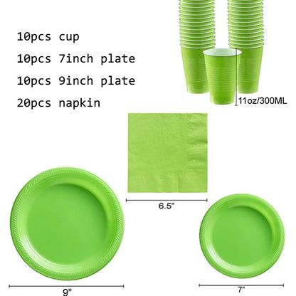 Green Solid Color Party Set Plastic Plate Cup Tablecloth Birthday Party Easter Day Baby Decoration Dinniware Party Supplies Good Vibrations