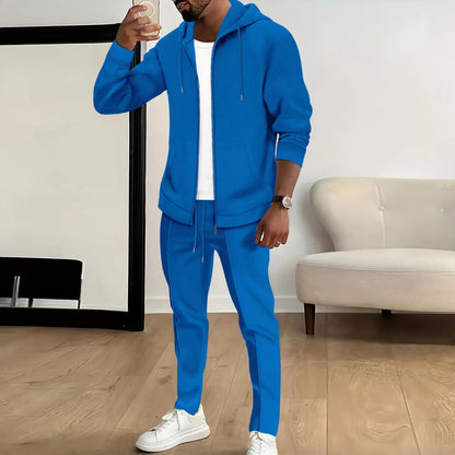 Spring and Autumn New Waffle Men's Casual Slim-Fit Hooded Long-Sleeved Cardigan Matching Color Fashion High Quality Tracksuit Pa Good Vibrations