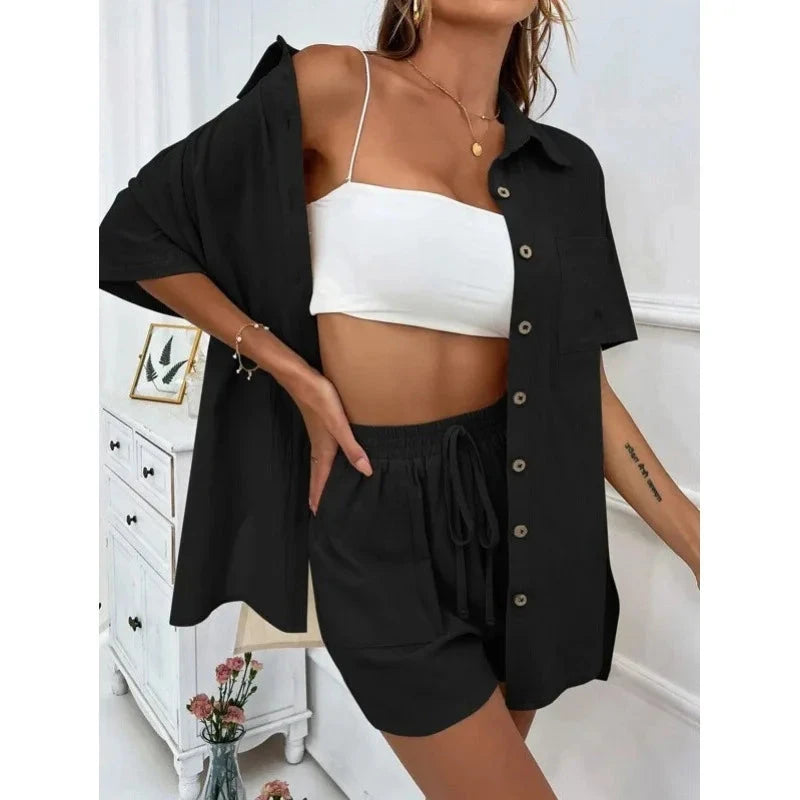 Fashion Black Short Sleeve Shirt And Shorts Two Piece Sets Women 2025 Summer Cotton Linen Casual Home 2 Piece Sets Women Outfit Good Vibrations