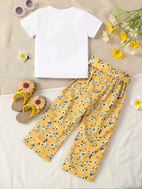 Girls Summer 2-Piece Set Cartoon Print T-Shirt & Floral Straight Leg Pants Breathable Kids Clothing Casual Outfit Fashion Good Vibrations