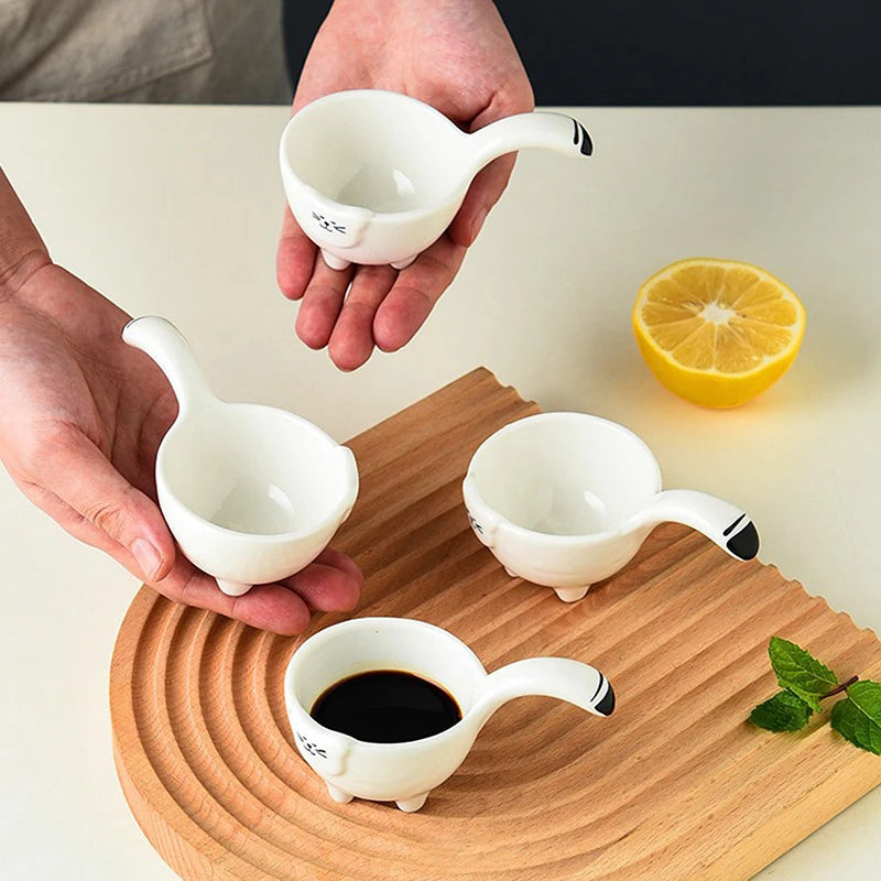 Ceramic Dipping Plate With Handle Sauce Plate Cartoon Rabbit Cat Seasoning Plate Sushi Dipping Bowl Snack Plate Kitchen Supplies Good Vibrations