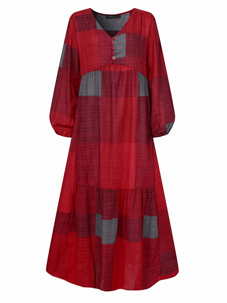 Elegant Women Maxi Shirt Dress ZANZEA Losse Long Sleeve Vestidos Autumn Vintage Ladies Plaid Dress Fashion Robe Good Vibrations