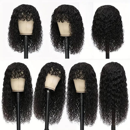 Water Wave Human Hair Wigs with Bangs None Lace Front Wigs Glueless Wigs Virgin Hair for Women 180% Machine Made Wigs Natural Good Vibrations