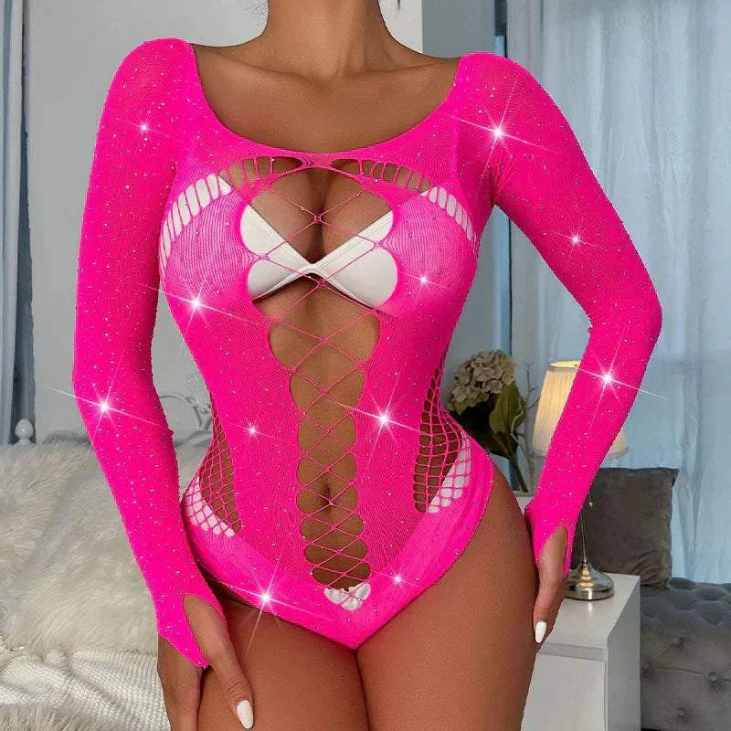 Women sexy rhinestone fishnet bodysuit with long sleeves and hollow design.