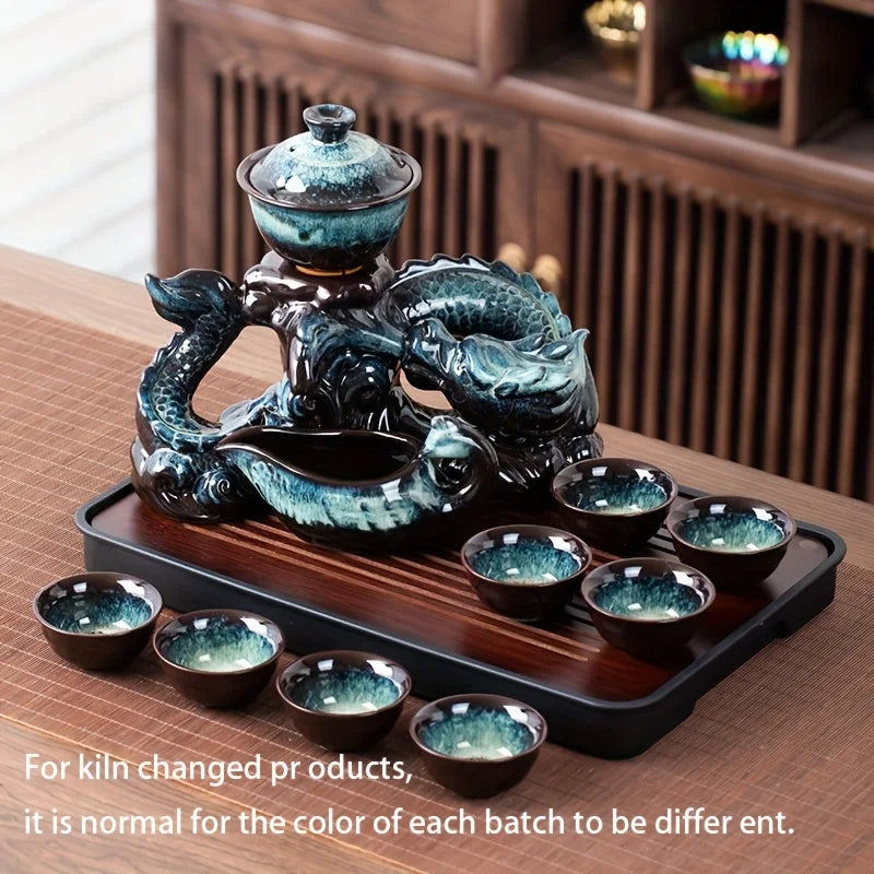Coiling Dragon Ceramic Teapot Set - Rotating Spout Lazy Brewer , Effortless Pouring, Premium Tea Ritual Collection Good Vibrations