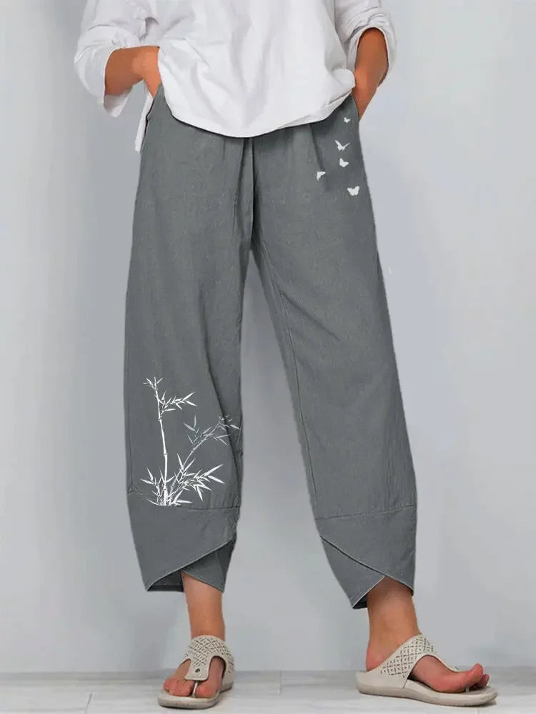 Vintage Print Pants Women Fashion Irregular Casual High Waist Elastic Waist Straight Loose Trousers Summer Lady Cargo Pantalon Good Vibrations