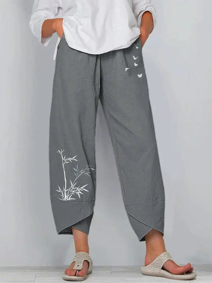 Vintage Print Pants Women Fashion Irregular Casual High Waist Elastic Waist Straight Loose Trousers Summer Lady Cargo Pantalon Good Vibrations