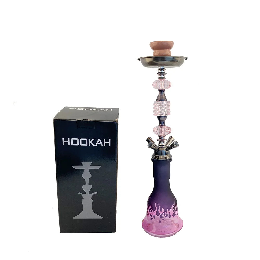 Pink double pipe hookah water pipe with four tubes, metal and glass construction, medium Arabic shisha style.