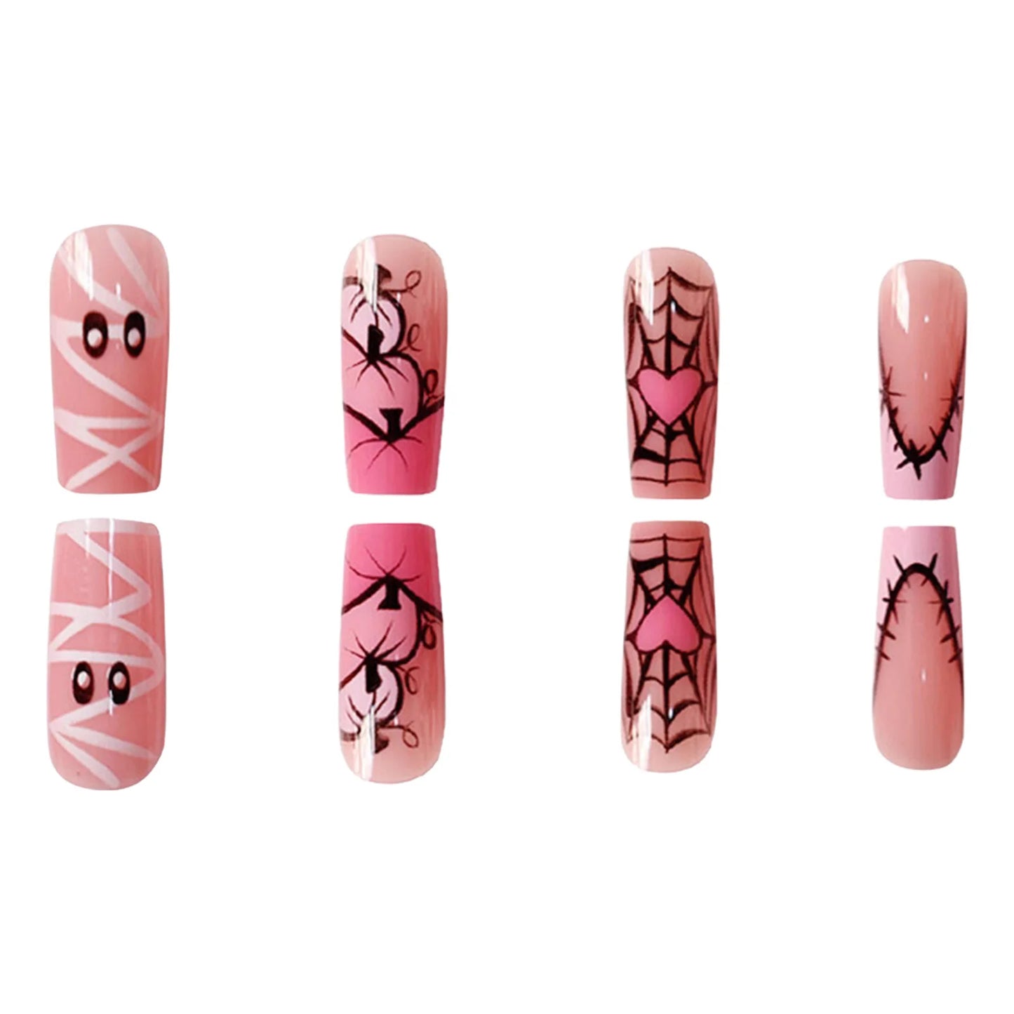 24pcs Sweet Cool Halloween False Nails Pink Medium Coffin French Fake Nails Bandage Ghost Spiderweb Pumpkin Design Press On Nail Good Vibrations