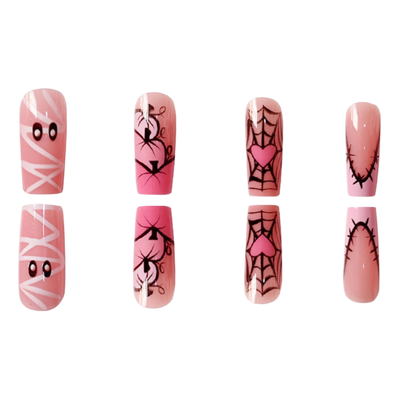 24pcs Sweet Cool Halloween False Nails Pink Medium Coffin French Fake Nails Bandage Ghost Spiderweb Pumpkin Design Press On Nail Good Vibrations