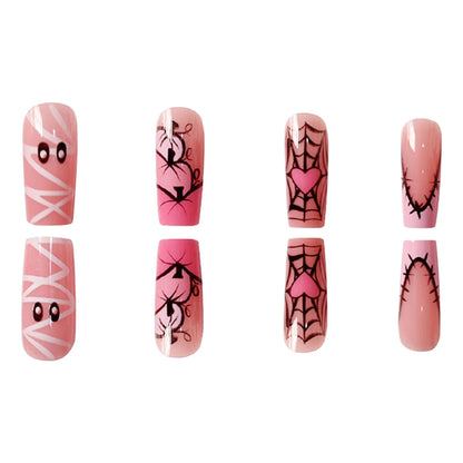 24pcs Sweet Cool Halloween False Nails Pink Medium Coffin French Fake Nails Bandage Ghost Spiderweb Pumpkin Design Press On Nail Good Vibrations
