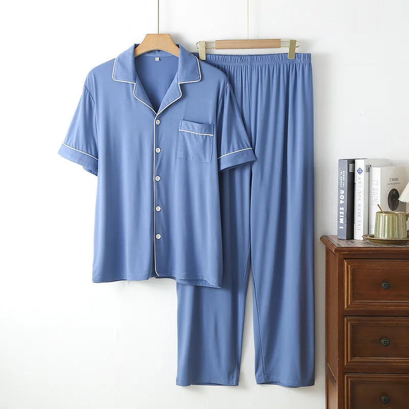 Simple Solid Color Bamboo Men's Pajamas Spring and Summer Short-sleeved Trousers Loose and Wearable Loungewear Suit Good Vibrations