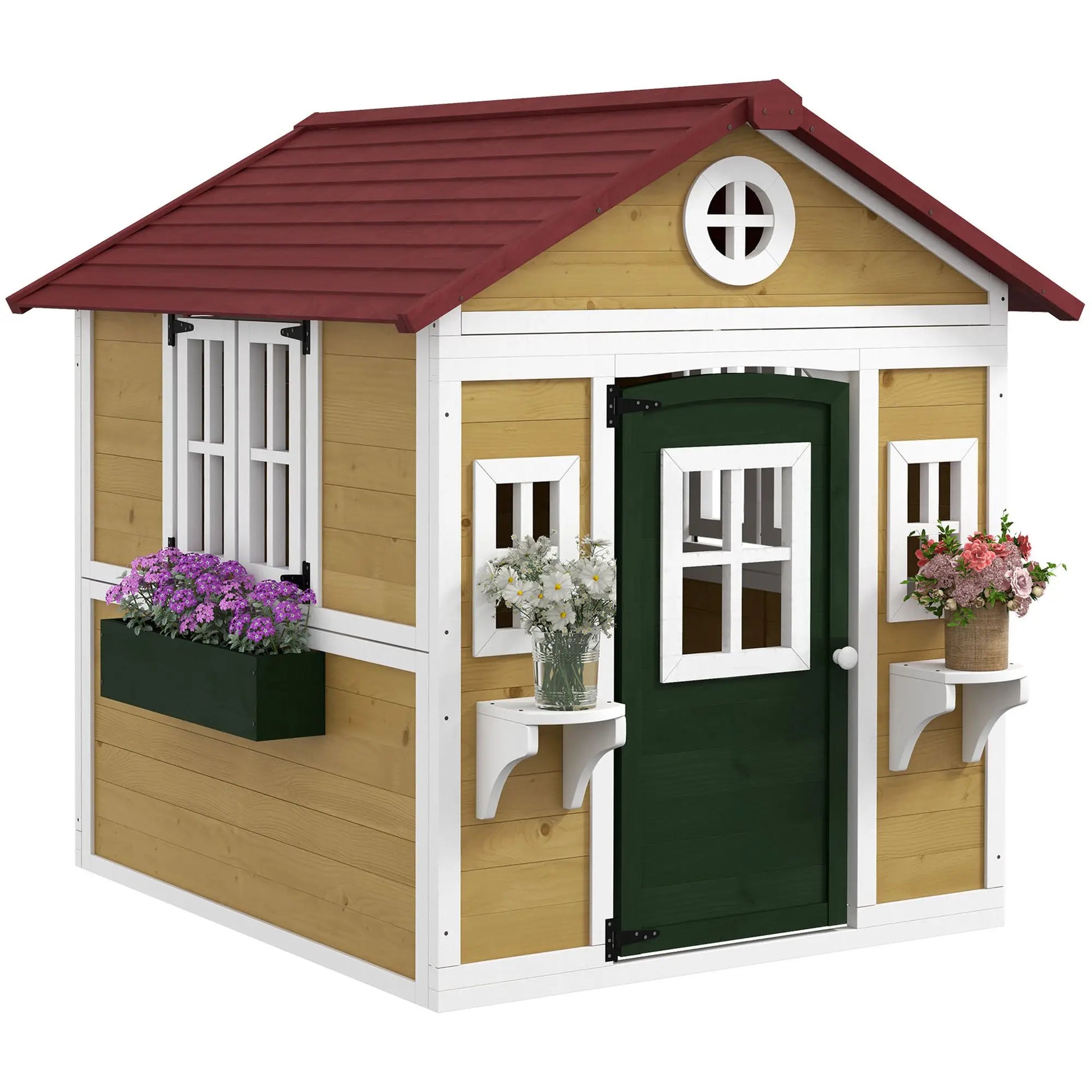 Beige Wooden Playhouse with Outdoor Doors and Windows Planter Pots for Kids 3-8 Years Good Vibrations