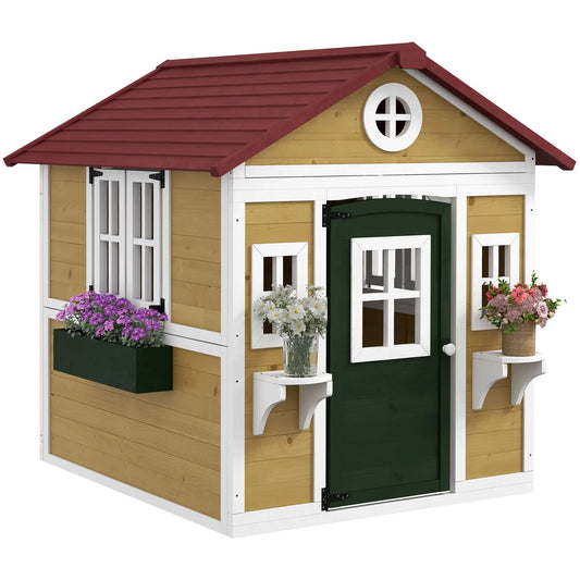 Beige Wooden Playhouse with Outdoor Doors and Windows Planter Pots for Kids 3-8 Years Good Vibrations