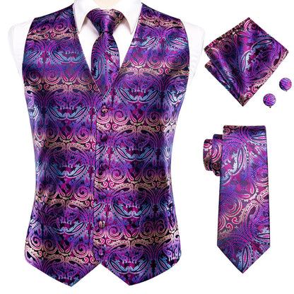 Hi-Tie Black Men Silk Vest Paisley Jacquard Necktie Hankerchief Cufflinks Sets Male Sleeveless V-Neck Waistcoat Business Formal Good Vibrations