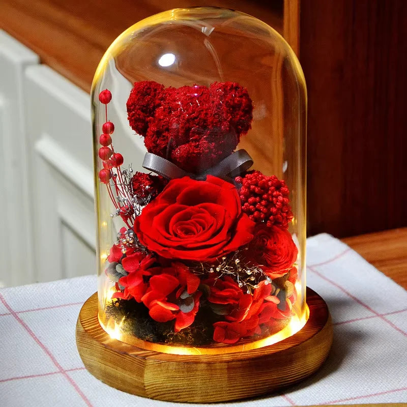 Valentine's Day Gift for Girlfriend Eternal Preserved Rose Flower Gift Box Teddy Bear Eternal Flower with Lights Gift for Women Good Vibrations