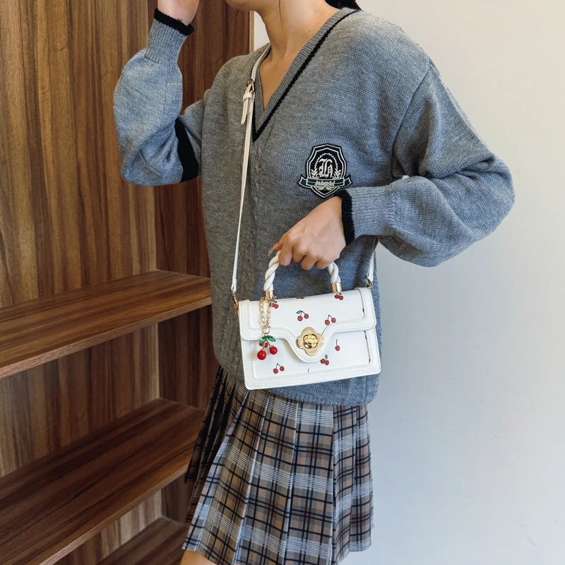 Sweet Crossbody Bag Fashion Cherry Print Top-Handle Ladies Luxury Square Shoulder Bag Women High Quality Sling Purse Good Vibrations