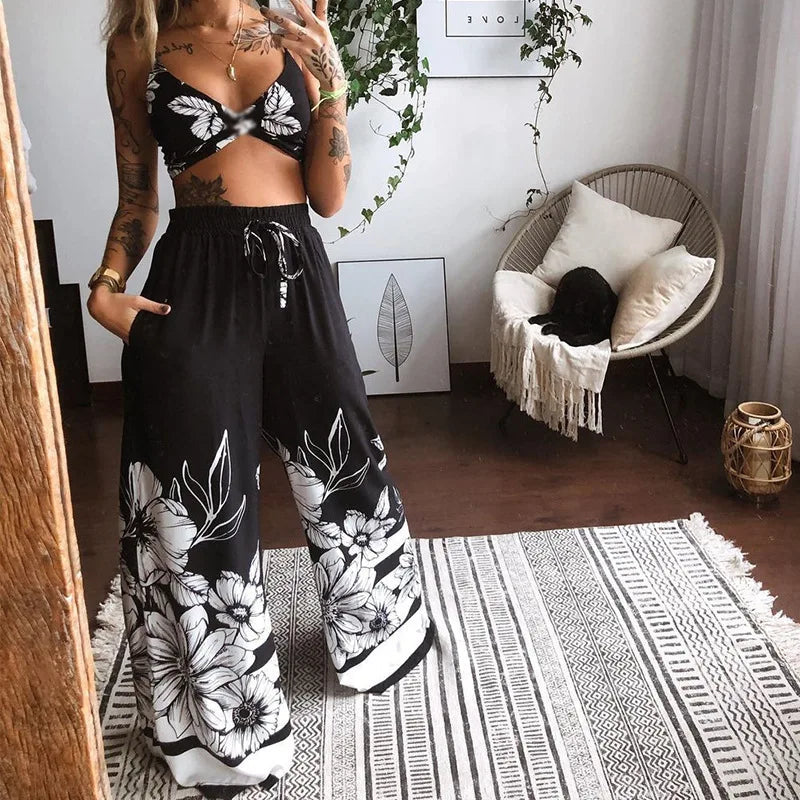Sexy Two Piece Set Women Outfit 2025 Summer Butterfly Print V-Neck Cropped Top High Waist Drawstring Casual Wide Leg Pants Sets Good Vibrations