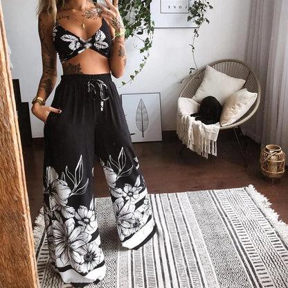 Sexy Two Piece Set Women Outfit 2025 Summer Butterfly Print V-Neck Cropped Top High Waist Drawstring Casual Wide Leg Pants Sets Good Vibrations