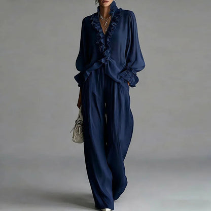White Casual 2 Piece Outfit for Woman Sexy Ruffle V Neck Long Sleeve Blouse Wide Leg Pants Set Spring Summer Bohemian Suit Mujer Good Vibrations