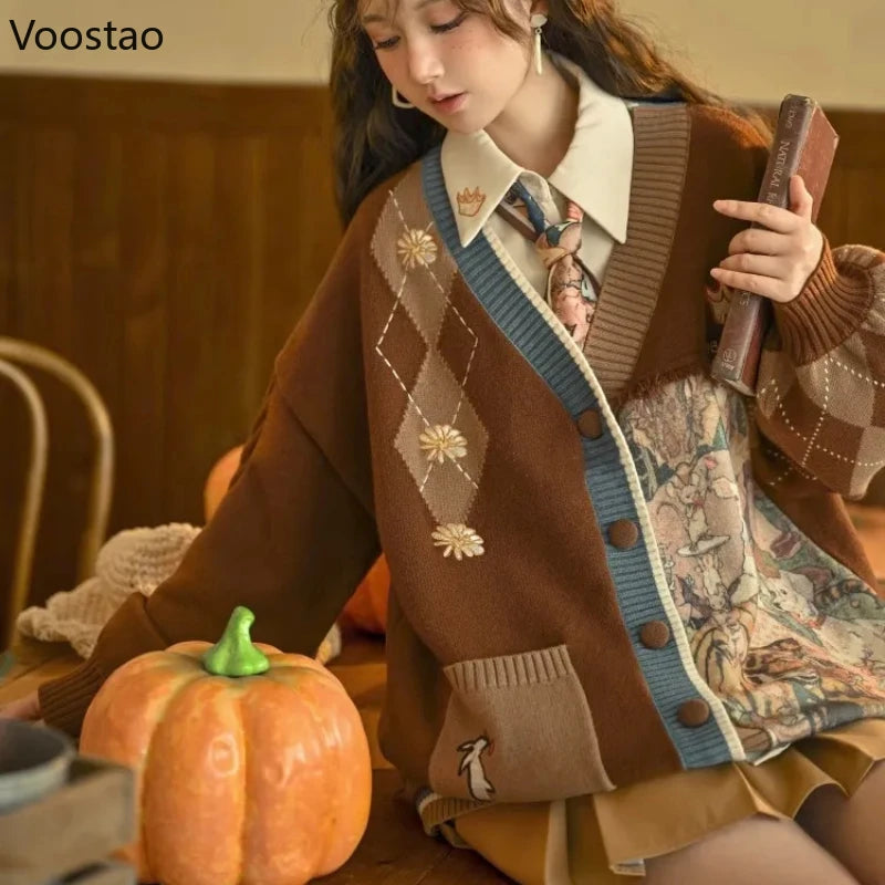 Kawaii Cartoon Embroidery Cardigan Women Vintage Jk Uniform Sweater Coat Autumn Girls Loose Y2k Knitted Tops Sueters De Mujer Good Vibrations
