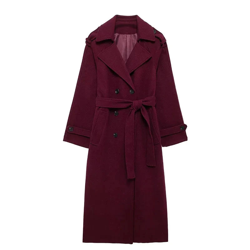 Wine Red Woolen Coats With Scarf Women Elegant Full Sleeve Double Breasted Long Overcoat 2025 Autumn Winter New Lady Streetwear Good Vibrations