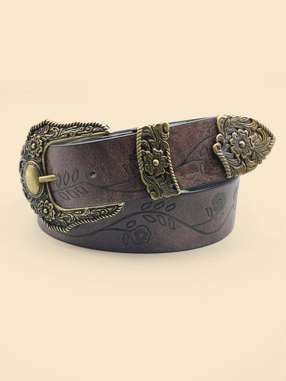 Western Style Printed Solid Color Pu Belt Buckle, Retro Casual Women's Belt, Classic Jeans Decorative Belt Good Vibrations