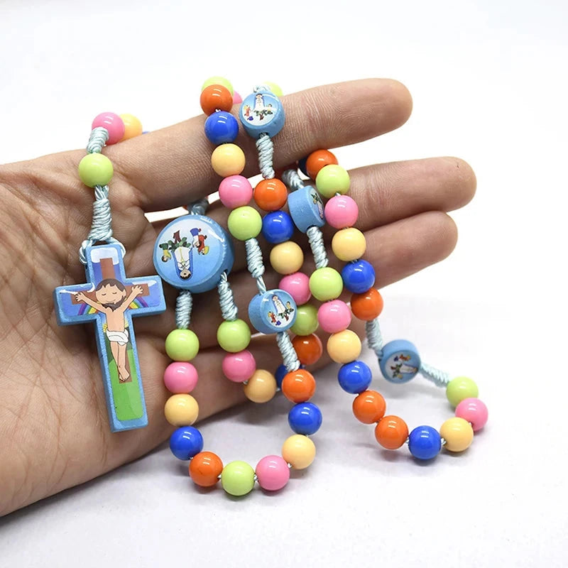 Cartoon Cross Pendant Necklace Kid Rosary Beads Catholic Religious Jewelry Good Vibrations