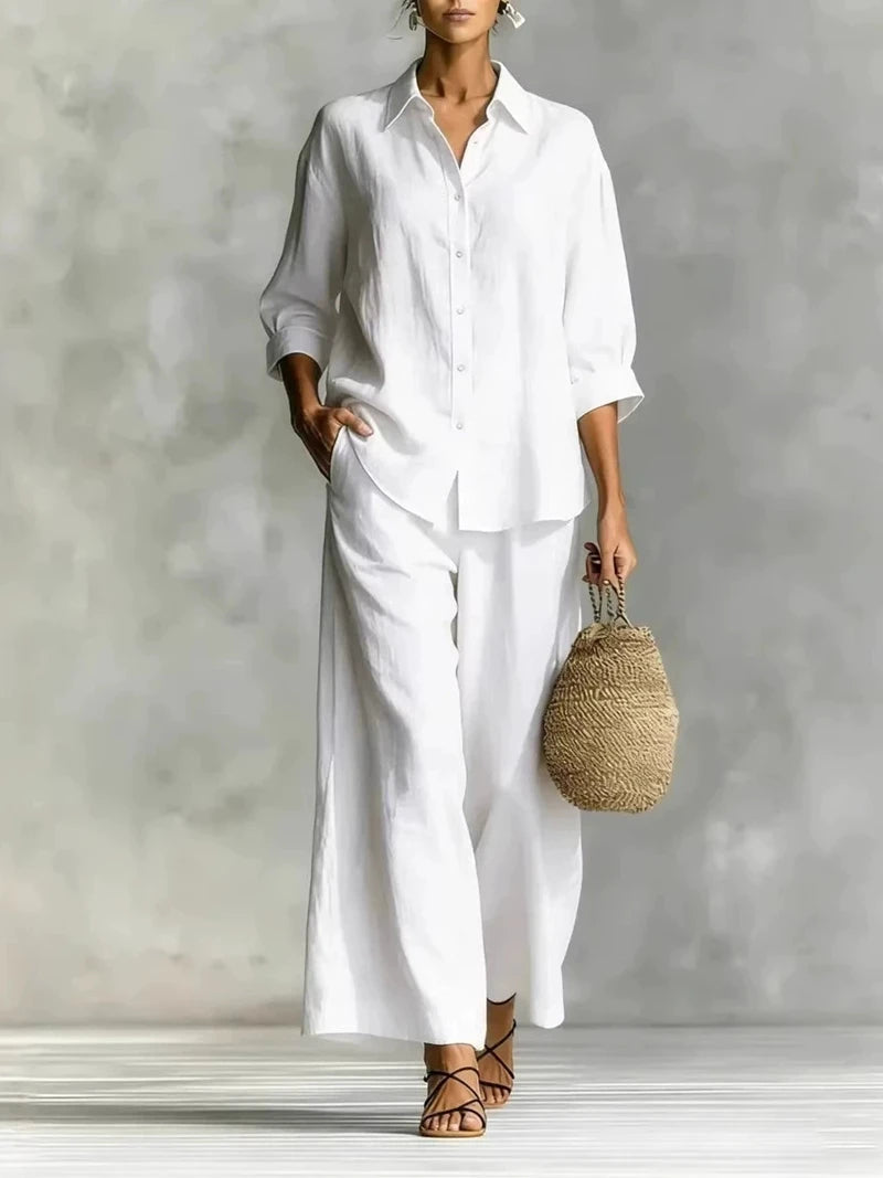 Plus Size Women's New Casual Two Piece Set 7-Sleeve Shirt Wide Leg Pants Comfortable Office Commute Matching Set Good Vibrations