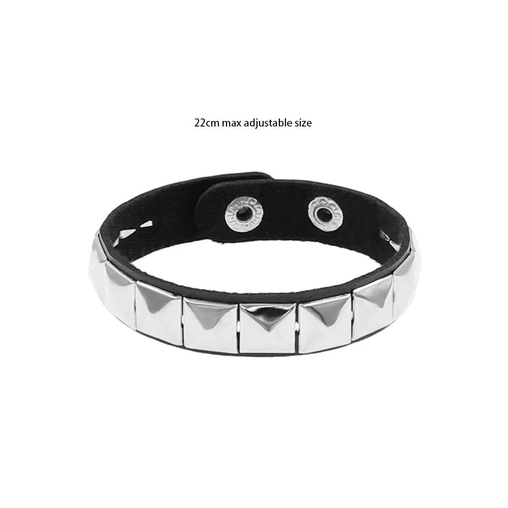 Black Leather Goth Square Washer Rivet Bracelet Cuff Wristband Gothic Punk Bracelets For Armbands Men Women Good Vibrations