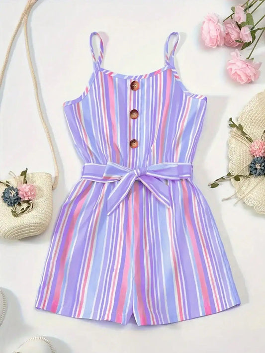 2026 children's clothing girls summer cute colorful striped casual button sleeveless suspender jumpsuit shorts Good Vibrations