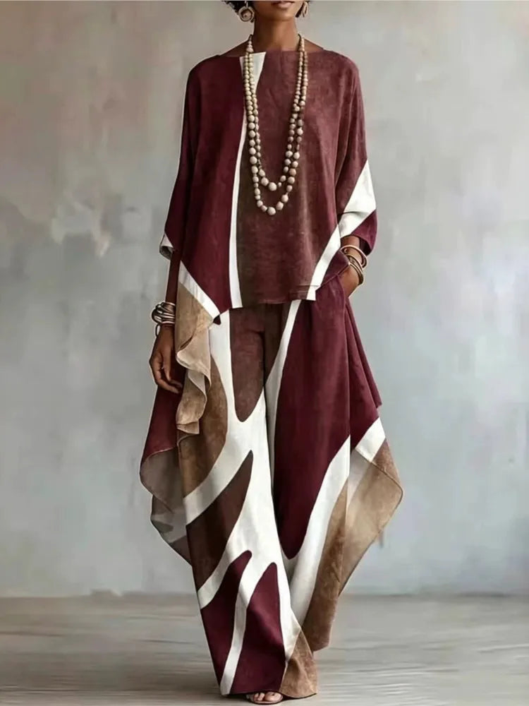 Women 2 Piece Outfit Set Print Top & Wide Leg Pants Loose Casual Ladies Boho Matching Suit Autumn Fashion Elegant Sets New Good Vibrations