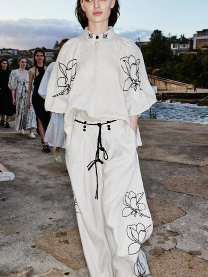 Women Lounge Sets Cotton Linen Stand Collar Lantern Sleeve Loose Flower Tops Wide Leg Oversize Pants Suit Casual Women Outfits Good Vibrations