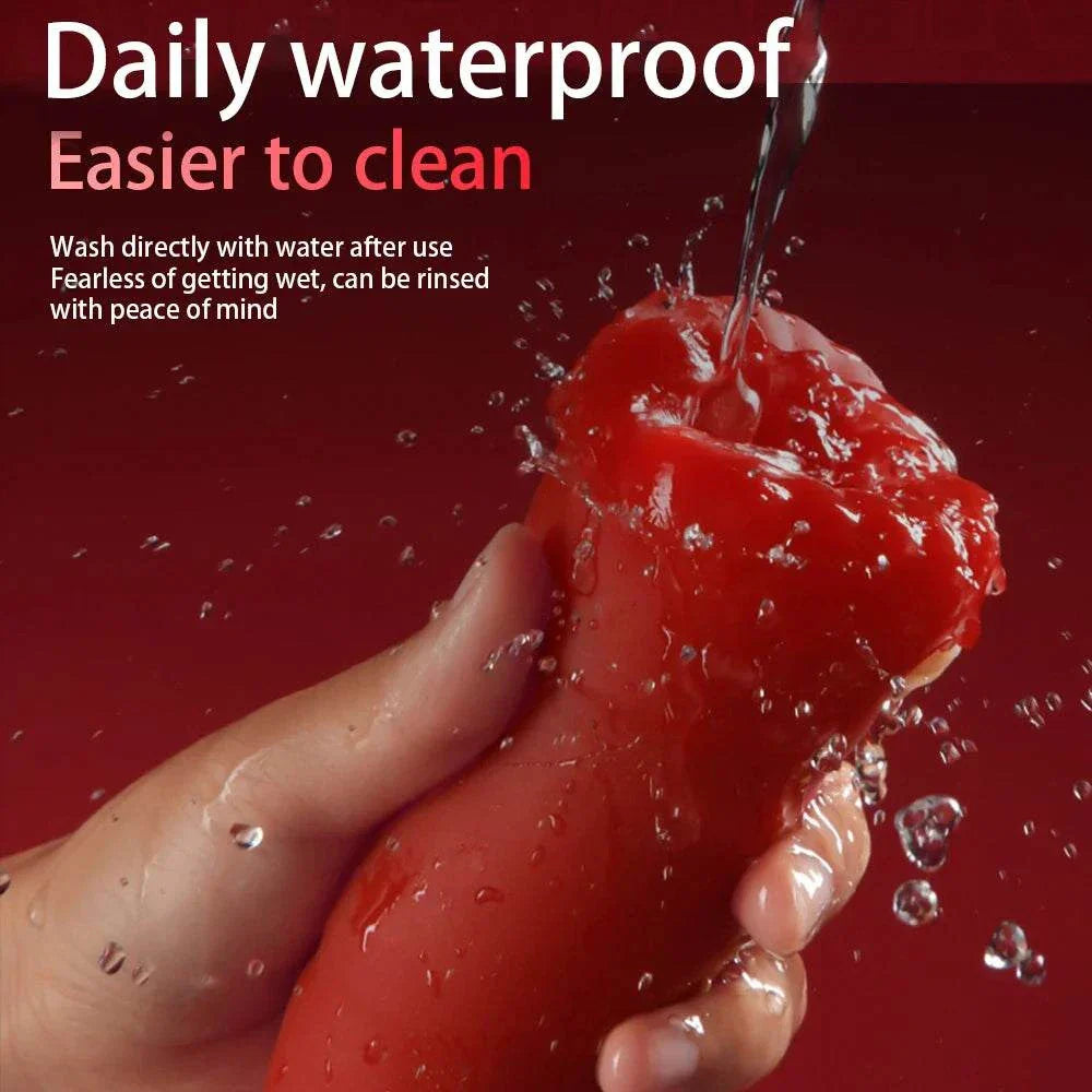 Waterproof men's oral sex toy being cleaned under running water.