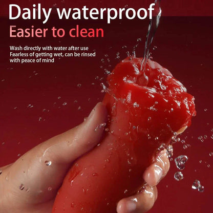 Waterproof men's oral sex toy being cleaned under running water.