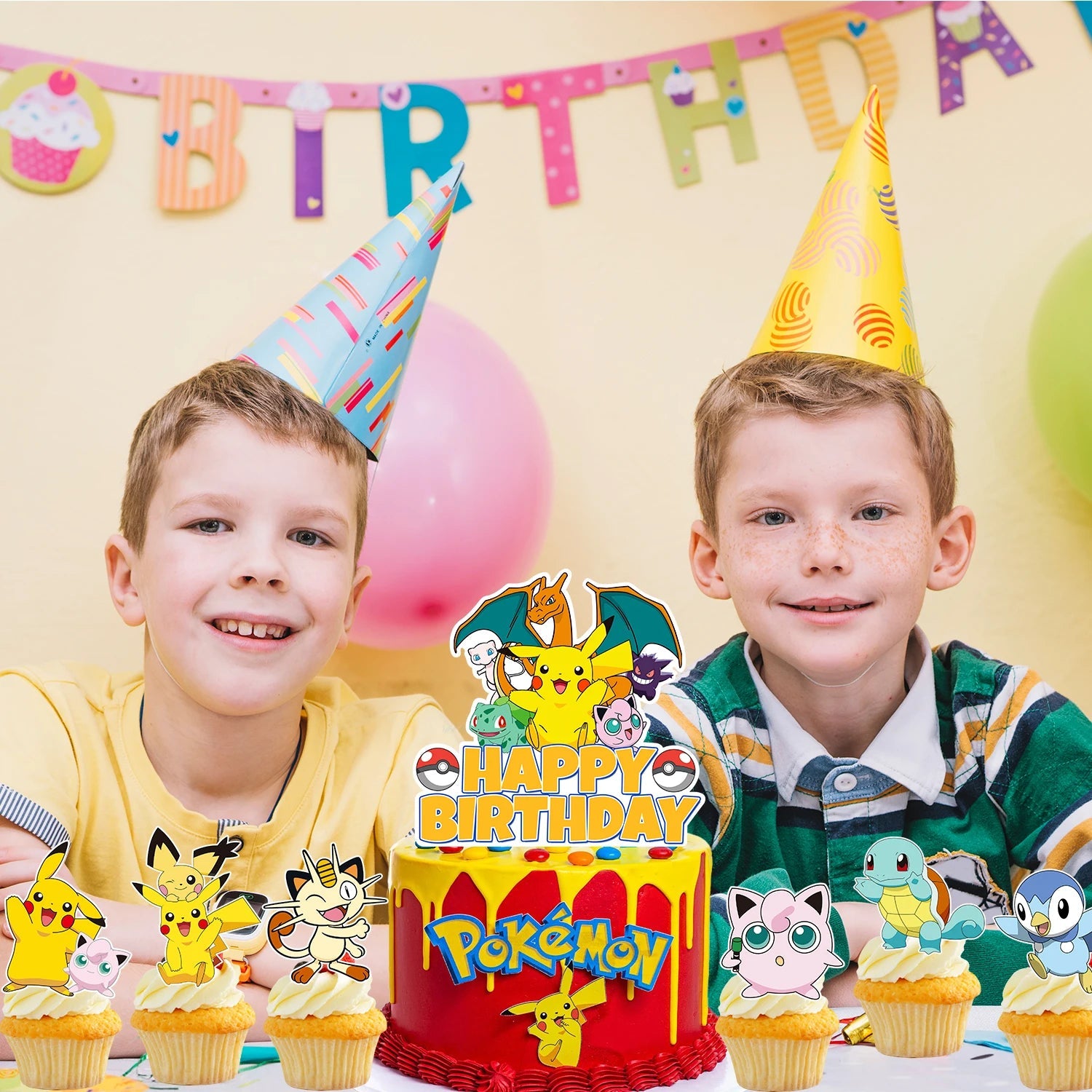 Pokemon Cake Toppers,24pcs Pokemon Cupcake Toppers&1pcs Large Pokemon Birthday Cake Topper for Pokemon Birthday Party Decoration Good Vibrations