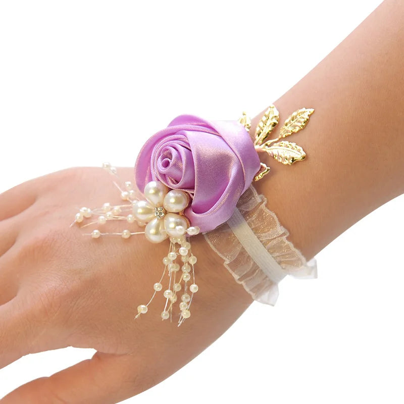 Bridesmaid Faux Rose Bracelet Wedding Wrist Corsage Polyester Ribbon Pearl Bow Bridal Gifts Hand Flowers Party Prom Accessories Good Vibrations