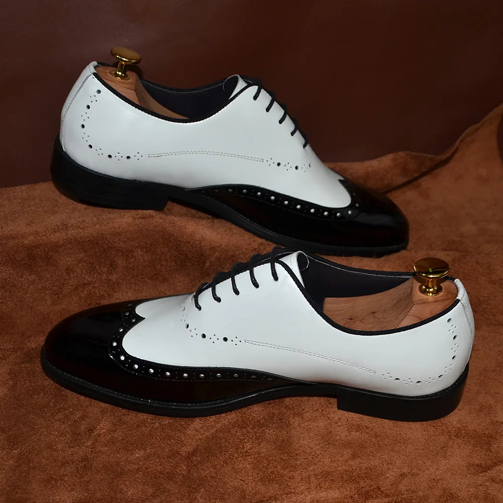 Formal Oxfords Shoes for Men White Black Real Cow Patent Leather Business Lace-up Wingtip Toe Brogue Wedding Mens Dress Shoes Good Vibrations