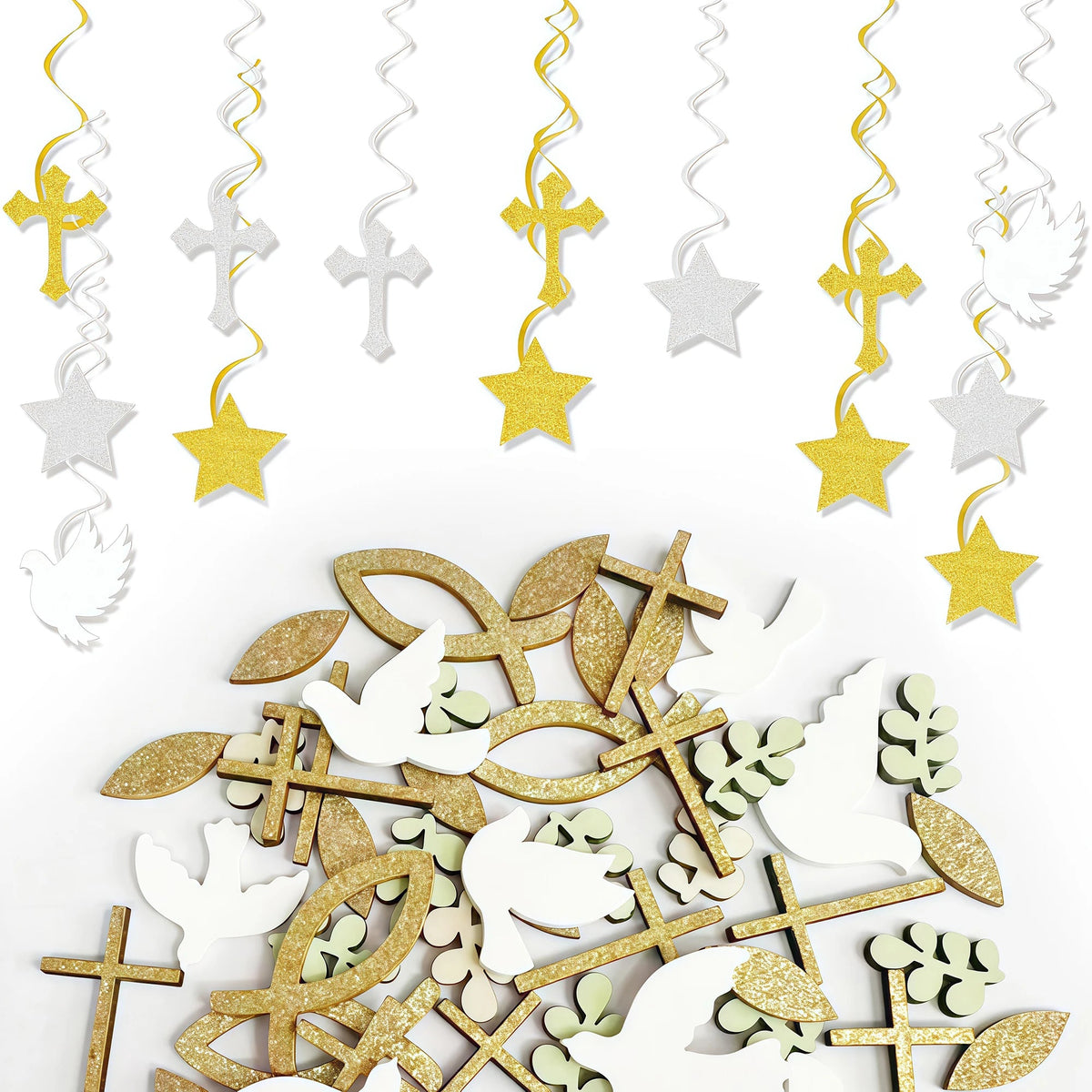Religious Party Decor Set First Communion Baptism Hanging Swirls & Wooden Confetti Cross Dove Star for Christian Party Supplies Good Vibrations