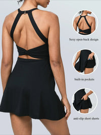 Airy Backless Twisted Cool Touch Dance Active Dress Workout Tennis Dress with Built in Shorts and Bra Golf Exercise Activewear Good Vibrations