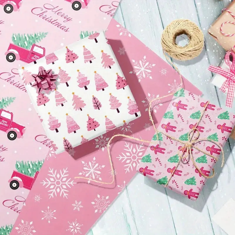 1set Christmas Gift Wrapping Paper with Snowmen, Gingerbread Men,Hearts & Balloons - Pastel Winter Theme with & White Snowflakes Good Vibrations